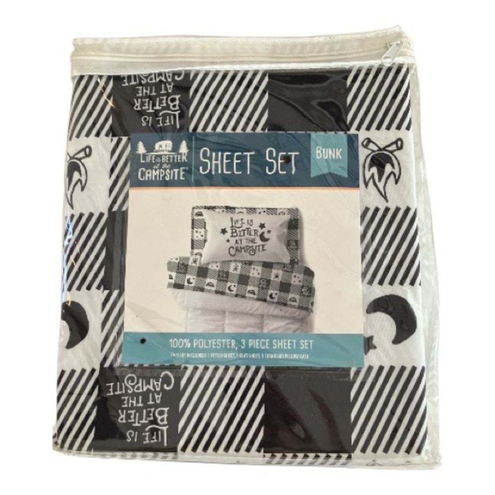 Bunk bed sheets life is Better at the Campsite 3 piece set black & White New